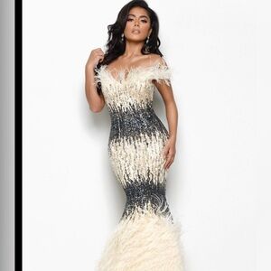 Jasz Couture - 7012 Off Shoulder Feather-Fringed Beaded Gown prom bridal dress